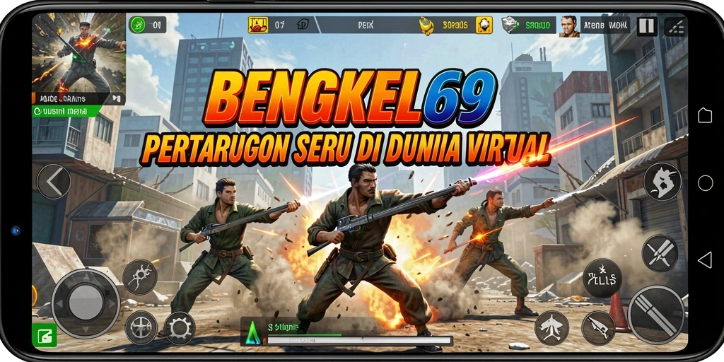 Screenshot BENGKEL69 menampilkan pertarungan intens antara dua karakter dalam arena.