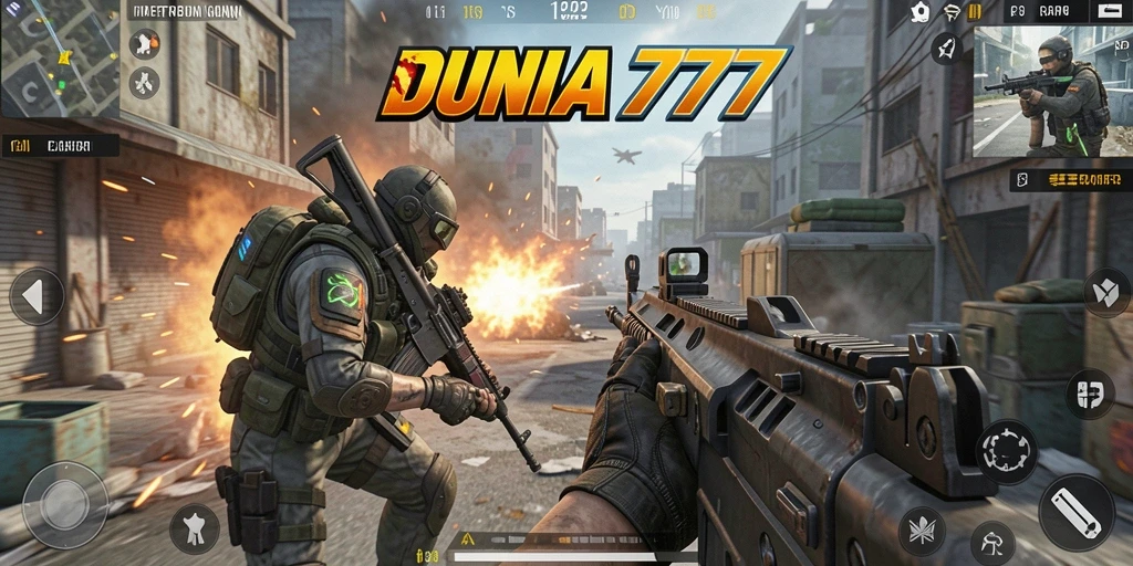 Screenshot utama DUNIA777 menampilkan aksi pertempuran yang intens dan mendebarkan.
