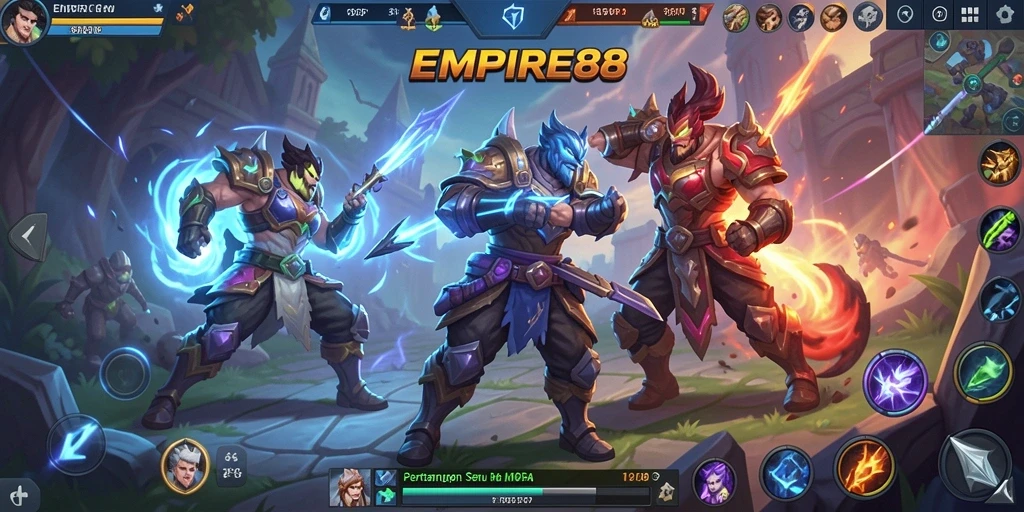Screenshot utama EMPIRE88 dengan aksi seru dalam pertempuran MOBA.