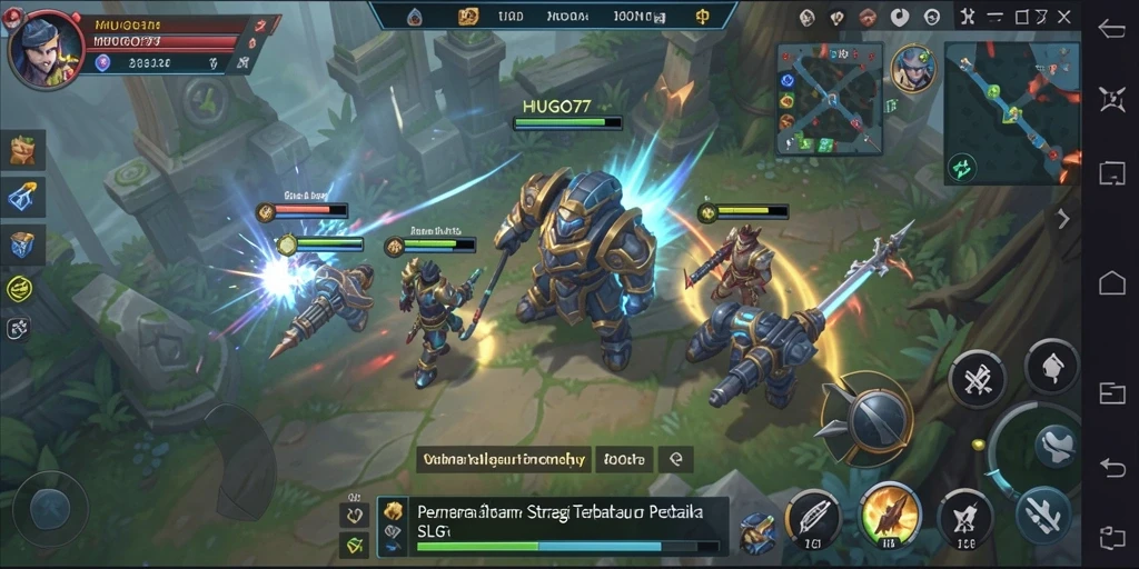Tampilan gameplay menarik HUGO77 dengan sistem pembangunan dan pertempuran.