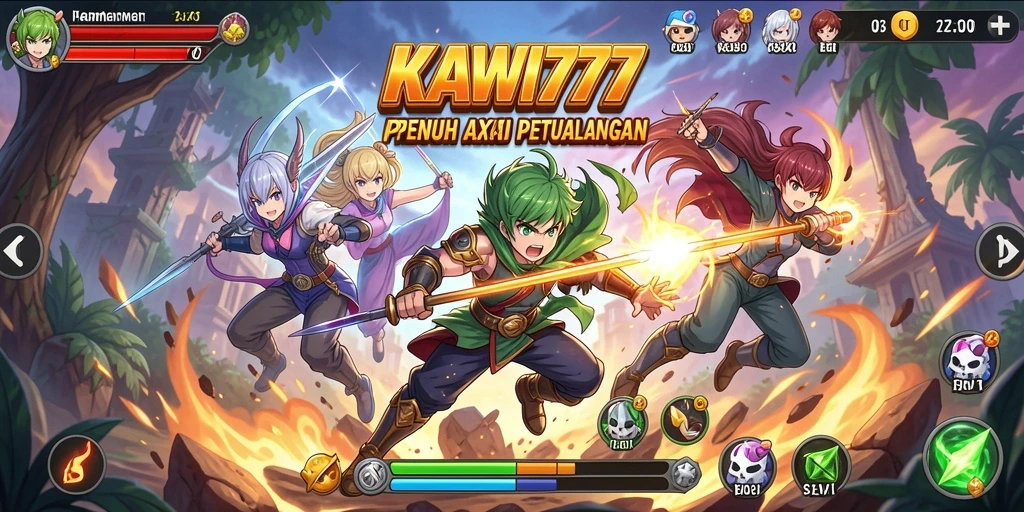 Screenshot utama KAWI777 menampilkan aksi gameplay seru dengan karakter anime.