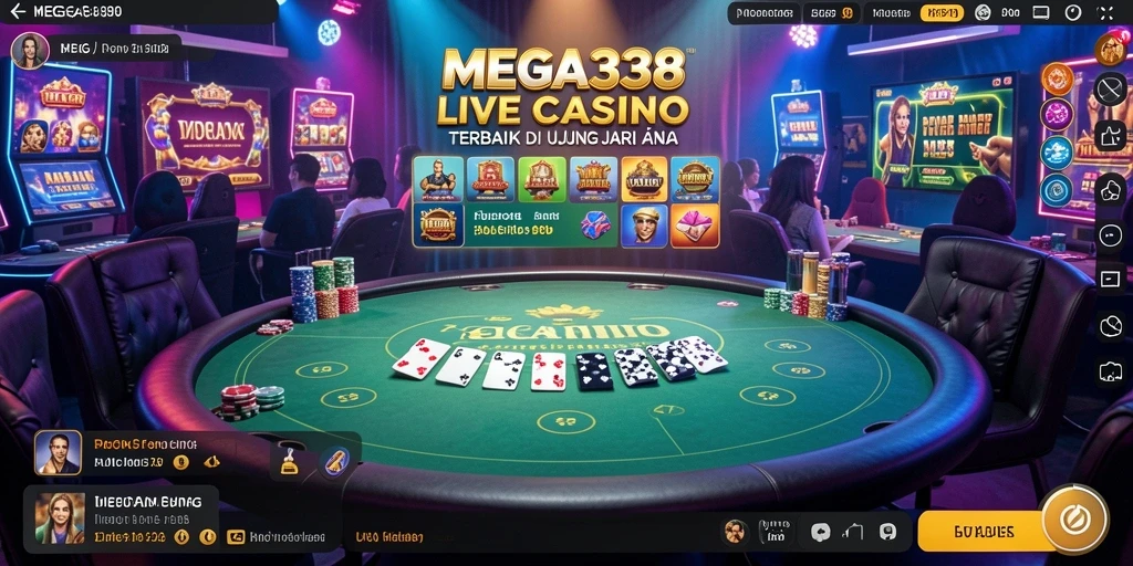 Screenshot MEGA338 menampilkan dealer profesional dalam permainan Live Casino yang menegangkan.