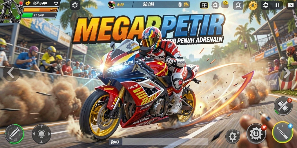 Tampilan gameplay menegangkan dalam balapan motor di MEGAPETIR.