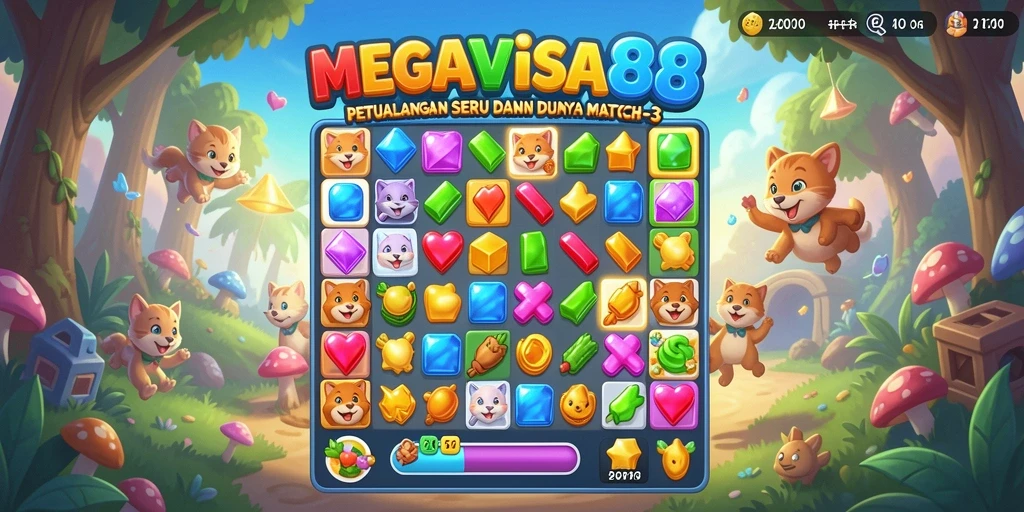 Screenshot gameplay MEGAVISA88 yang menampilkan tantangan Match-3 yang seru.