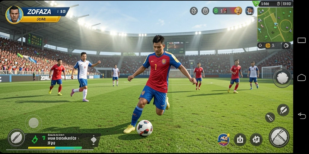 Tampilan gameplay seru di ZOFAZA dengan aksi sepak bola yang mendebarkan.